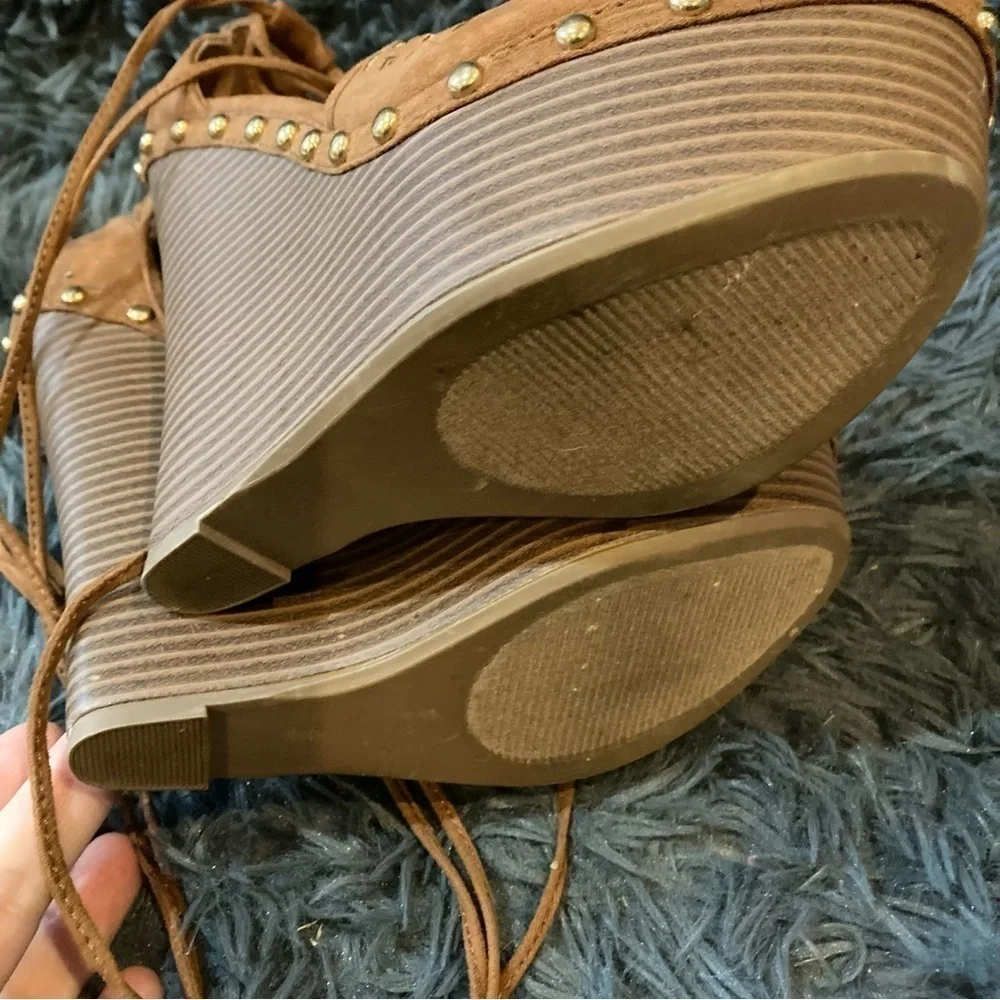 Ladies Just Fab Brown Cut out Wrap Around Studded Wedge